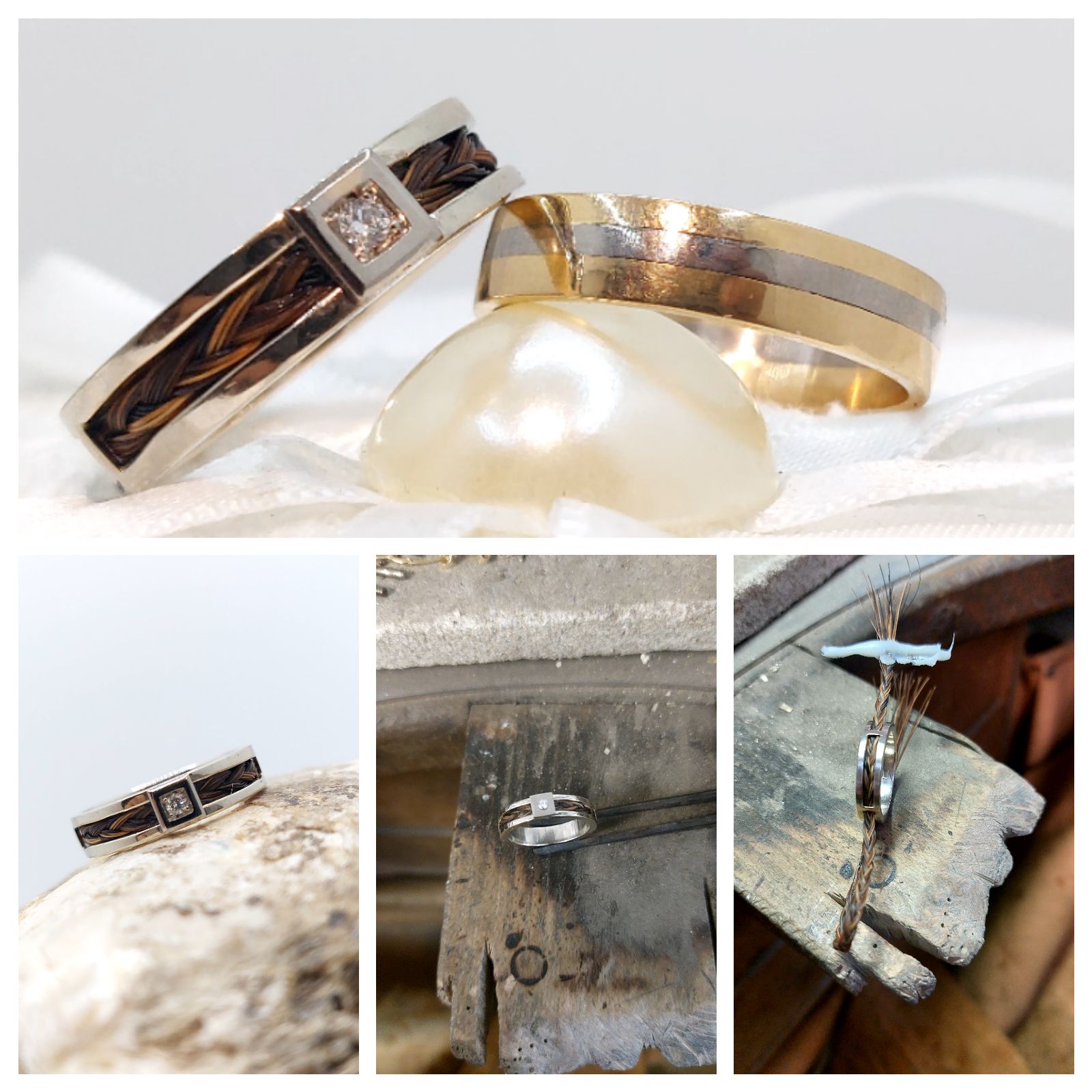 Alliances or gris 750 milli&egrave;mes, diamant et crins de cheval