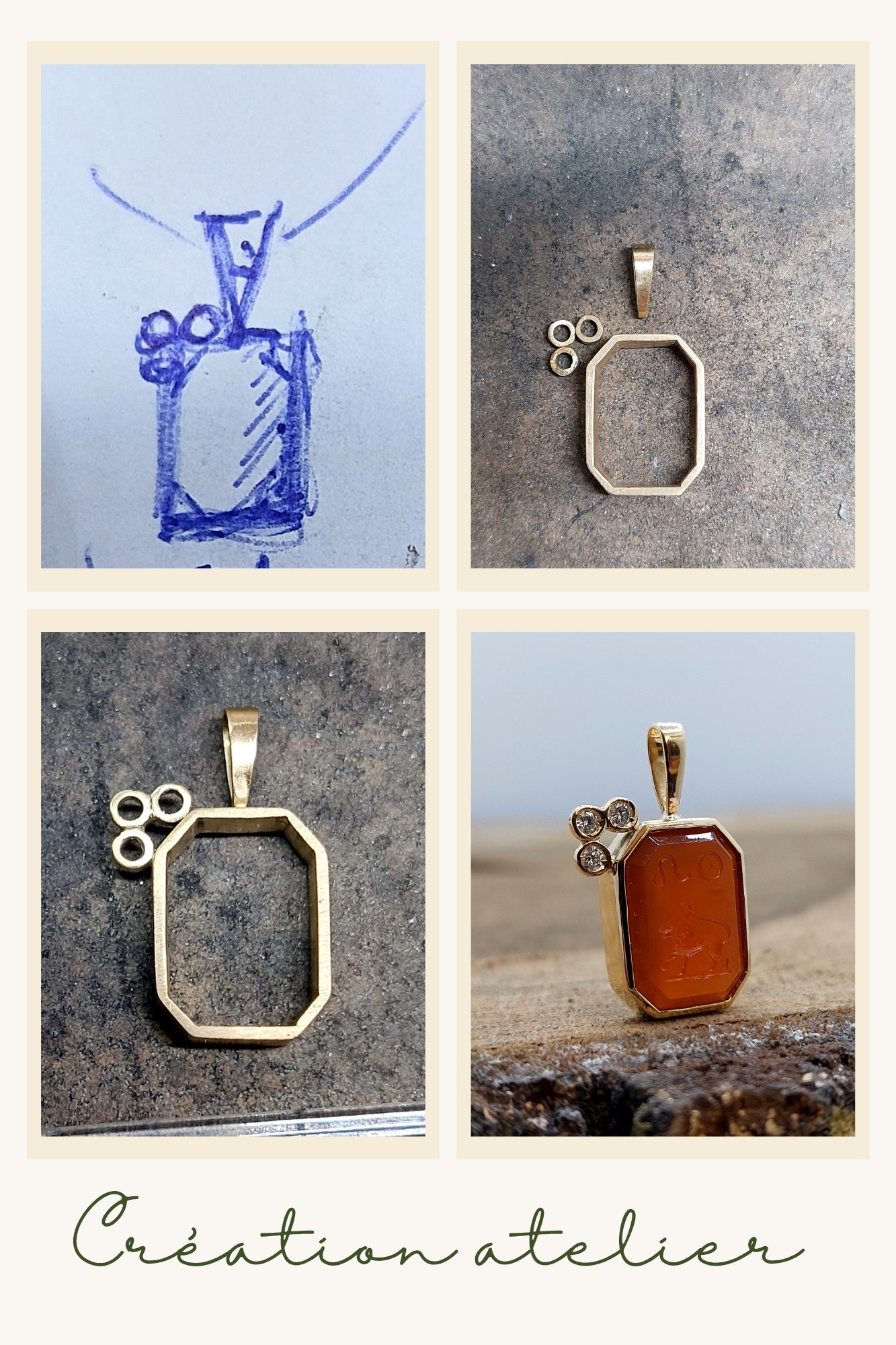 Pendentif sur mesure, or jaune 750 milli&egrave;mes, diamants et cornaline grav&eacute;e